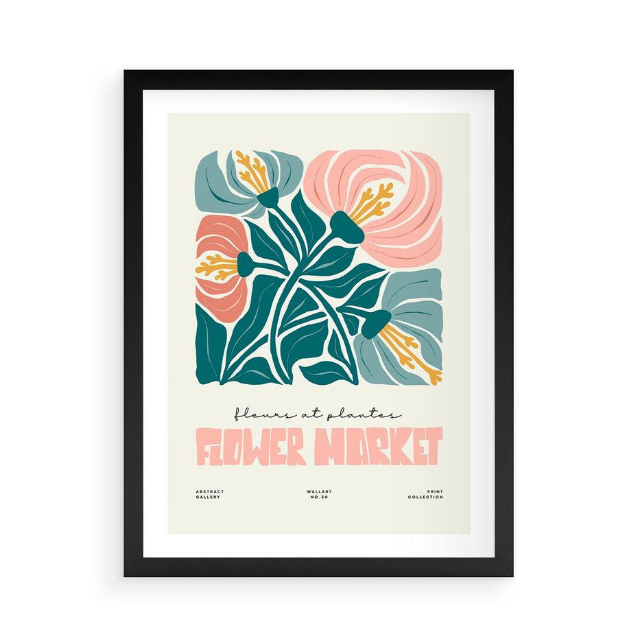 Plakat w ramie 50x70 - Taniec Kształtów - kwiaty, abstrakcyjna kompozycja - rama czarna