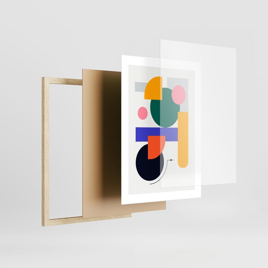 Plakat w ramie 30x40 - Przestrzenne Innowacje - nowoczesna sztuka, geometryczna kolorowa grafika - rama drewno