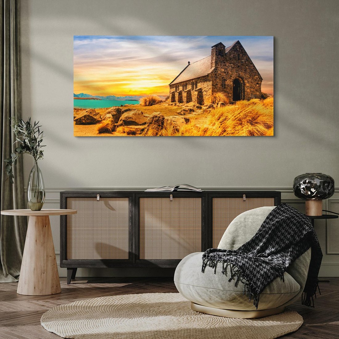 Obraz na płótnie 120x60 - Kościół, Jezioro, Góry - Spokój Ducha - kościół, jezioro