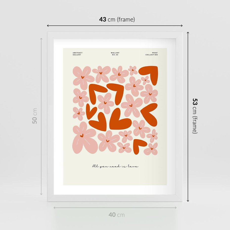 Plakat w ramie 40x50 - Miłość w Kompozycji - grafika, kompozycja kwiaty i serca - rama biała