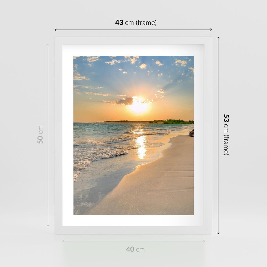 Plakat w ramie 40x50 - Zachód słońca na plaży - plaża, zachód - rama biała