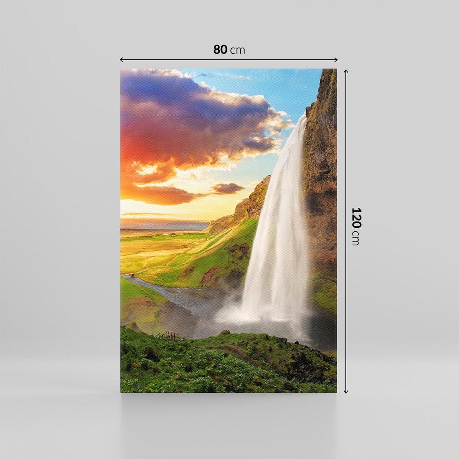 Obraz na płótnie 80x120 - Zachód słońca nad islandzkim wodospadem - Islandia, wodospad