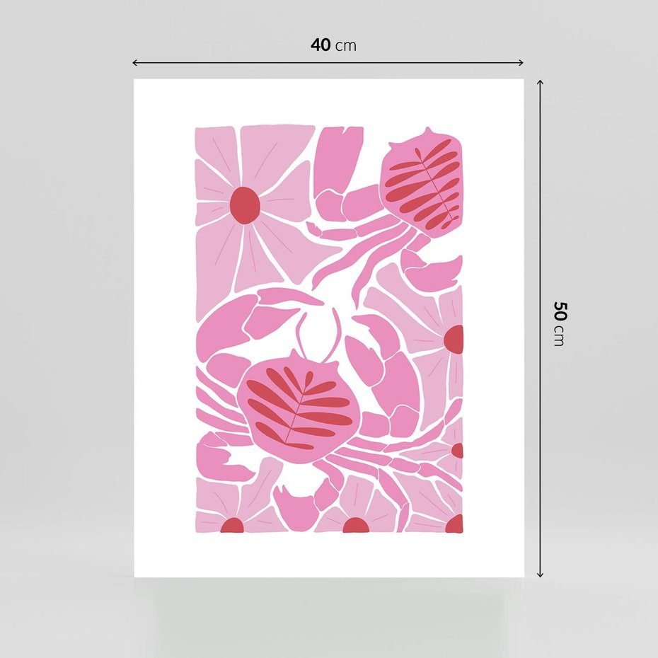 Plakat bez ramy 40x50 - Roztańczone Kraby - różowe kwiaty i kraby, abstrakcyjna kompozycja