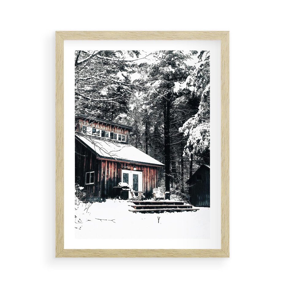 Plakat w ramie 50x70 - Zimowy Urok Drewnianego Domku - zima, drewniany domek - rama drewno