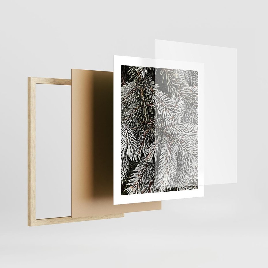 Plakat w ramie 40x50 - Cisza Zimowej Natury - zima, iglaste gałązki - rama drewno