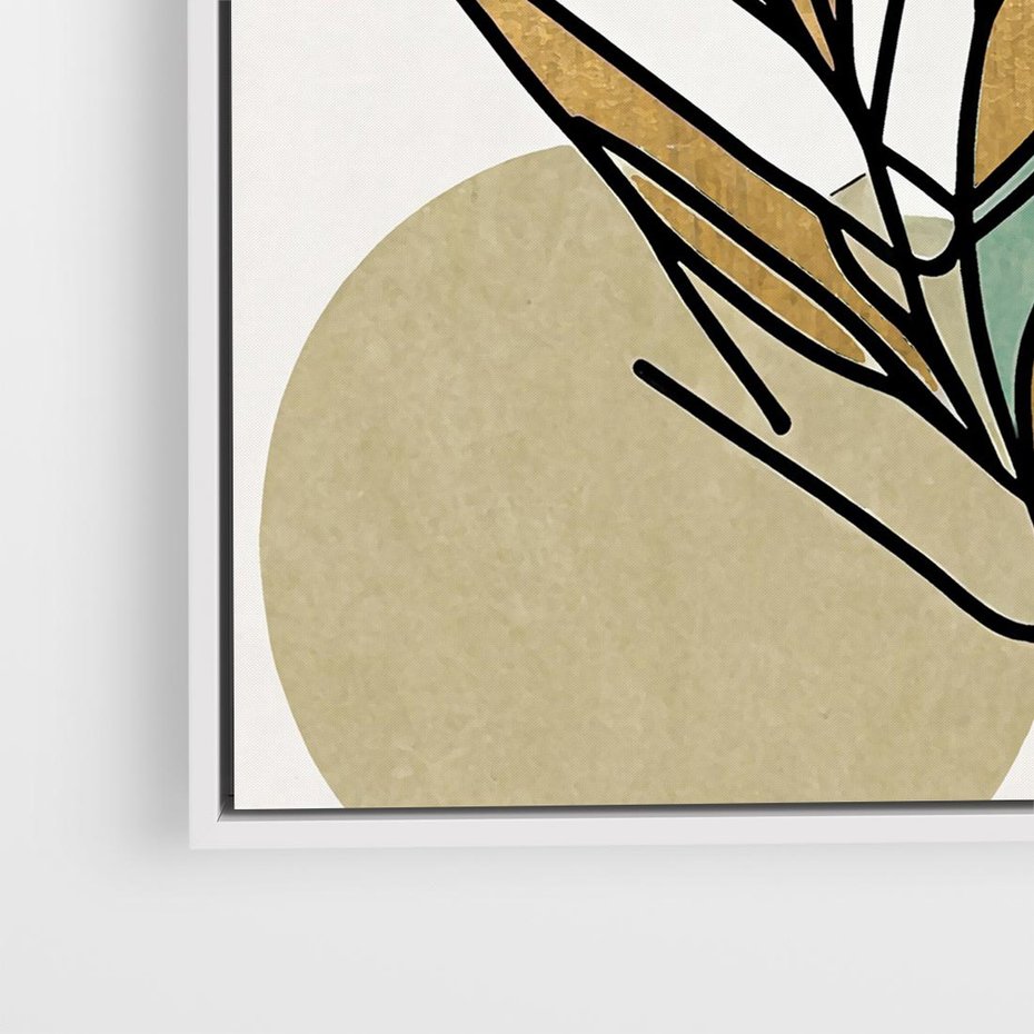 Obraz w ramie 80x80 - Migocące Ścieżki Wizji - abstrakcyjny obraz boho, liście - rama biała