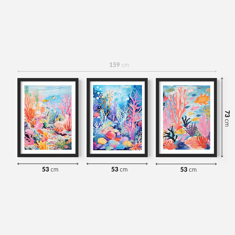Zestaw obrazy w ramie 50x70 galeria - morze, rybki, akwarela, rafa, koralowa - rama czarna
