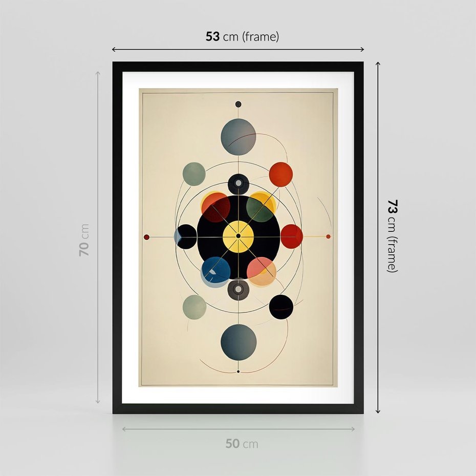 Plakat w ramie 50x70 - Bezgraniczny Taniec Światła - abstrakcyjna geometryczna kompozycja, koła linie - rama czarna