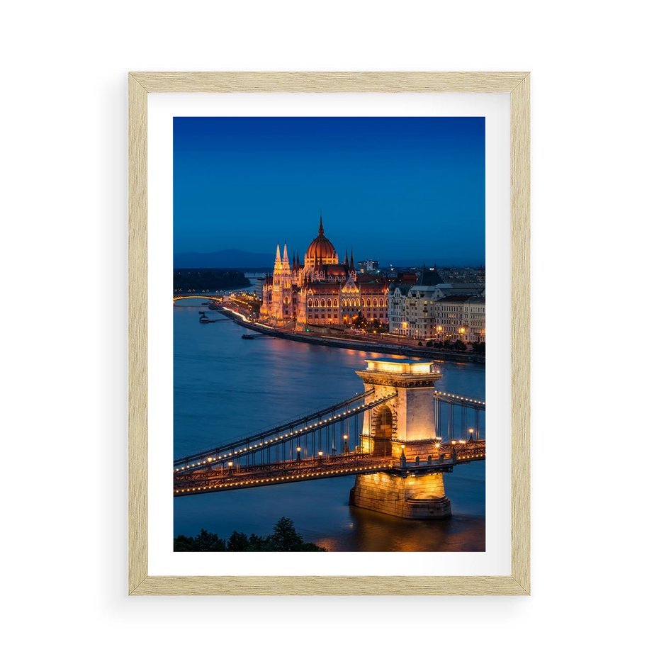 Plakat w ramie 50x70 - Mostowe miasto nocą - miasto, most - rama drewno