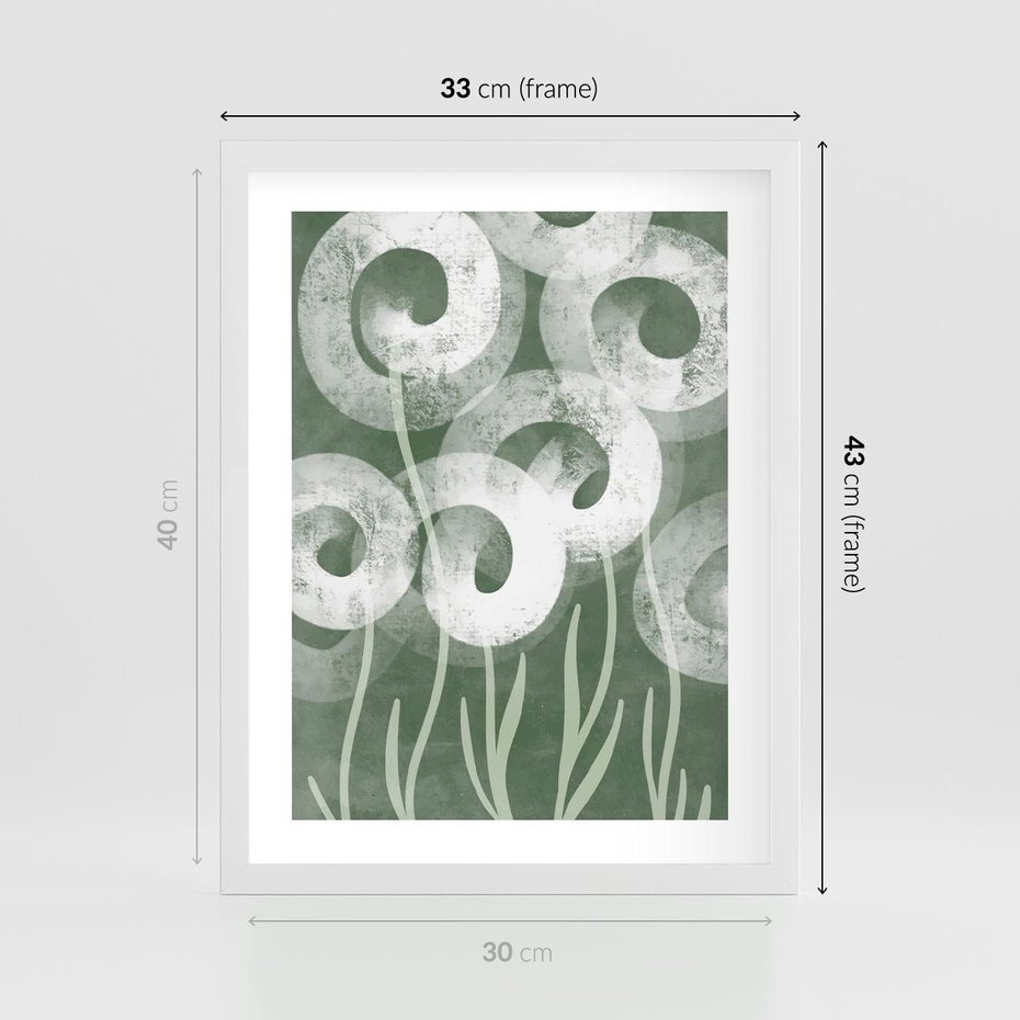 Plakat w ramie 30x40 - Spokojne Plamy Natury - zielony plakat, roślinne motywy - rama biała