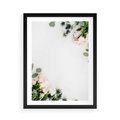 Plakat w ramie 50x70 - Kompozycja z Białych Róż i Eukaliptusa - kompozycja z białych kwiatów na białym tle, róże - rama czarna
