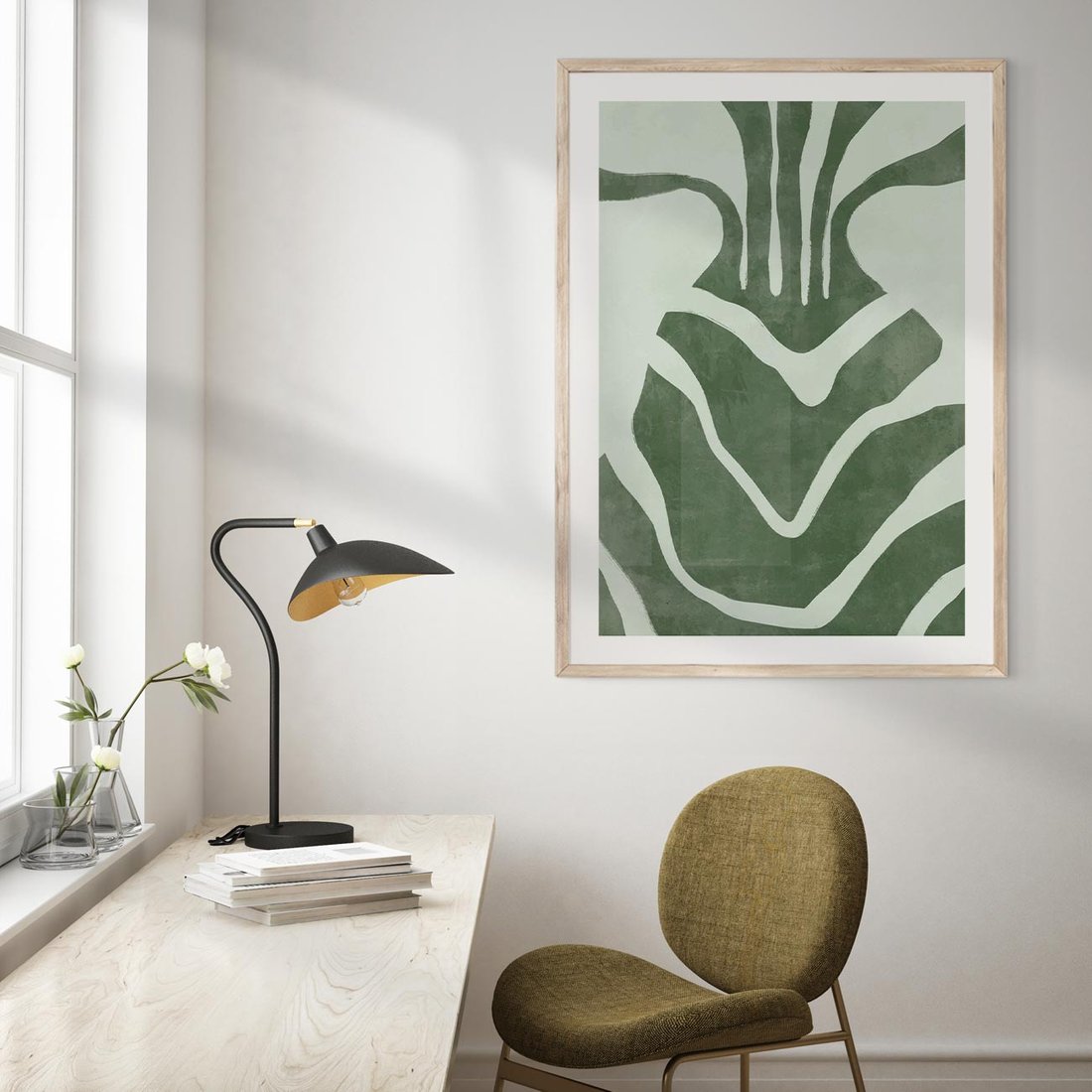 Plakat w ramie 30x40 - Zieleń Odpoczynku - zielony plakat, nieregularne splątane linie - rama drewno