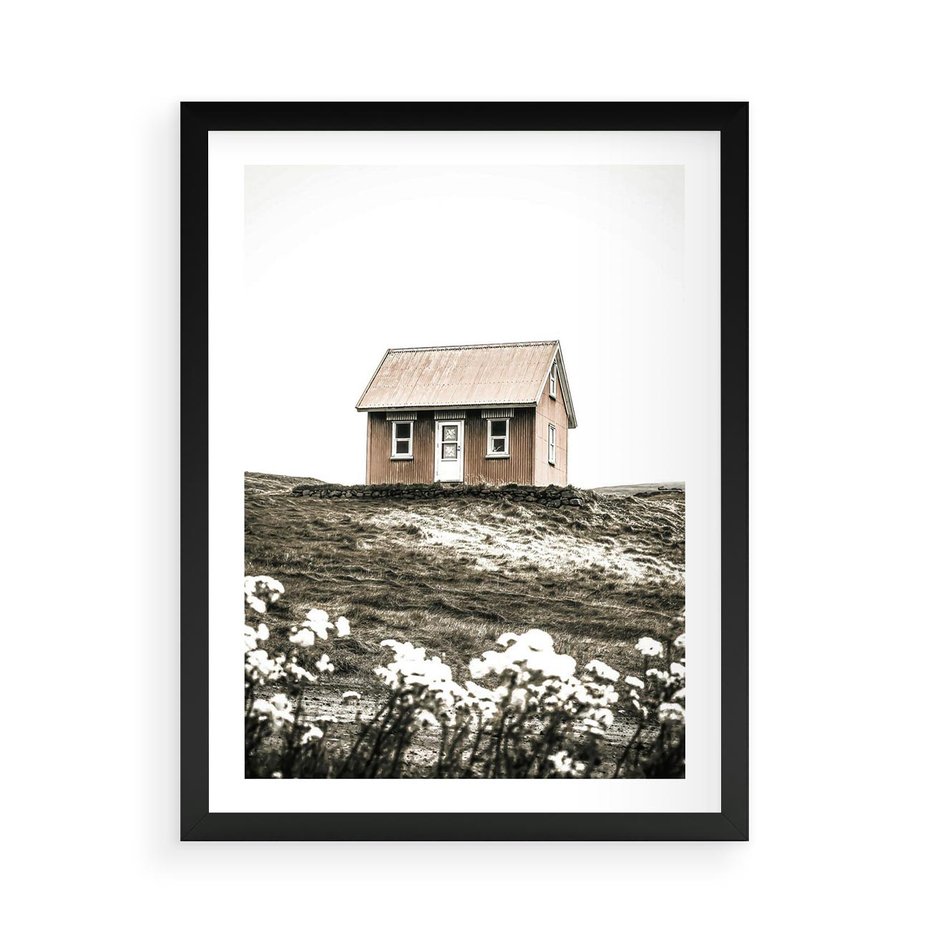 Plakat w ramie 50x70 - Krajobraz z Przeszłości: Kwitnąca Łąka w Sepii - domek na wzgórzu, kwitnąca łąka - rama czarna
