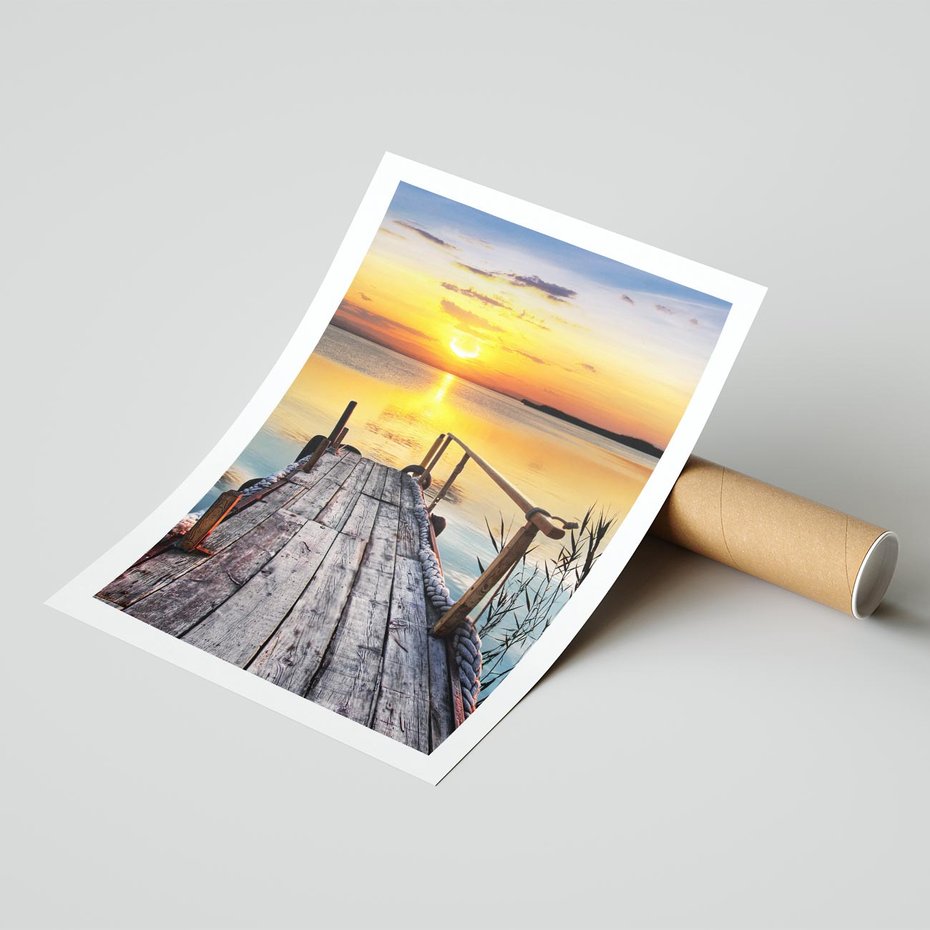 Plakat bez ramy 40x50 - Zachód nad jeziorem z pomostem - pomost, jezioro