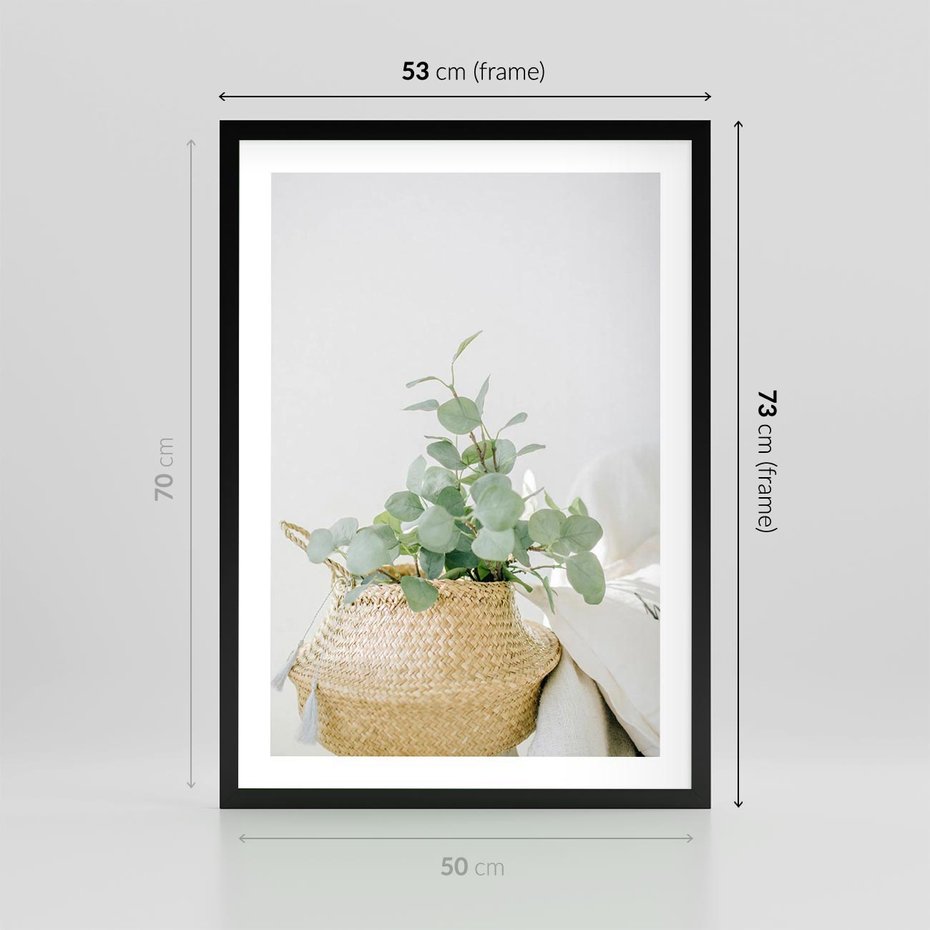 Plakat w ramie 50x70 - Eukaliptusowa Świeżość - eukaliptus, liście w koszu z wikliny - rama czarna