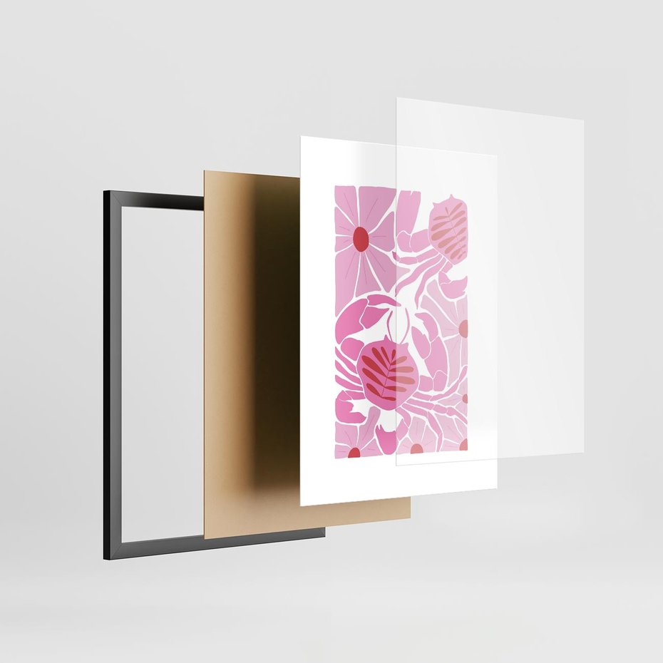 Plakat w ramie 30x40 - Roztańczone Kraby - różowe kwiaty i kraby, abstrakcyjna kompozycja - rama czarna