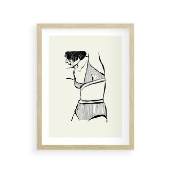 Plakat w ramie 30x40 - Minimalistyczny Urok - szkic, kobieta w bieliźnie - rama drewno