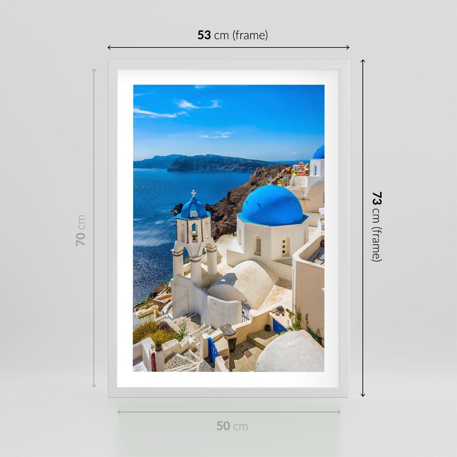 Plakat w ramie 50x70 - Urokliwy widok na Santorini - Santorini, widok - rama biała