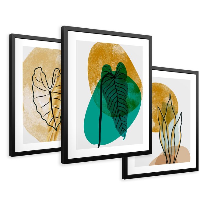 Zestaw obrazy w ramie 40x50 galeria - Złote, liście, monstera, akwarela - rama czarna