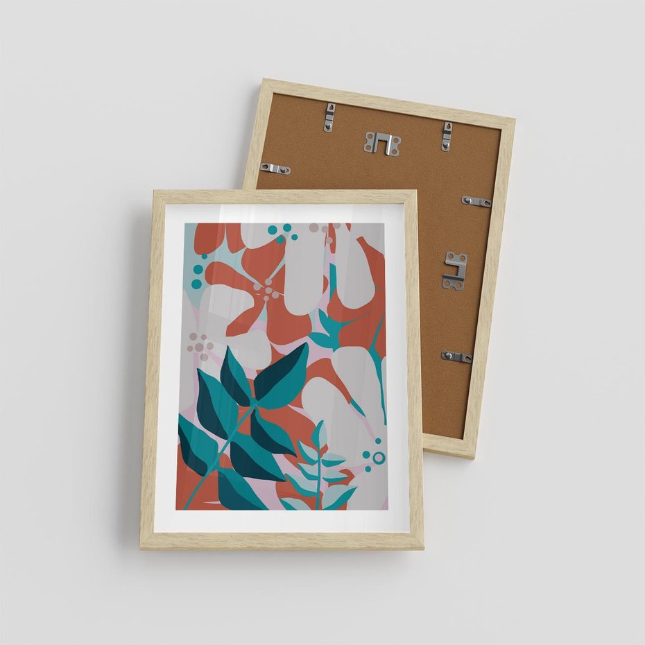 Plakat w ramie 30x40 - Harmonijne Formy - abstrakcyjna kompozycja kwiatowych form, kolor zgaszone - rama drewno