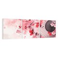 Obraz na płótnie 150x50 - Szept Kwitnącej Wiśni - japoński parasol, liście
