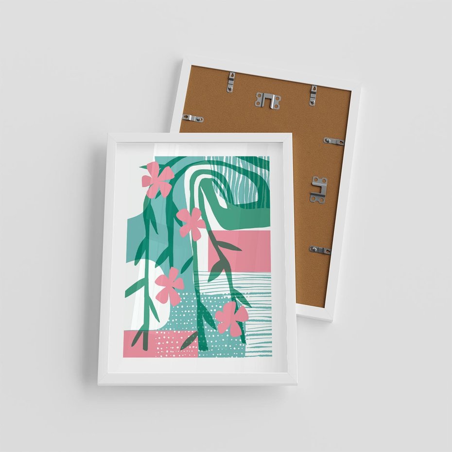 Plakat w ramie 30x40 - Rozkwitające Harmonie Form - abstrakcyjne pastelowe kwiaty, nowoczesna sztuka - rama biała