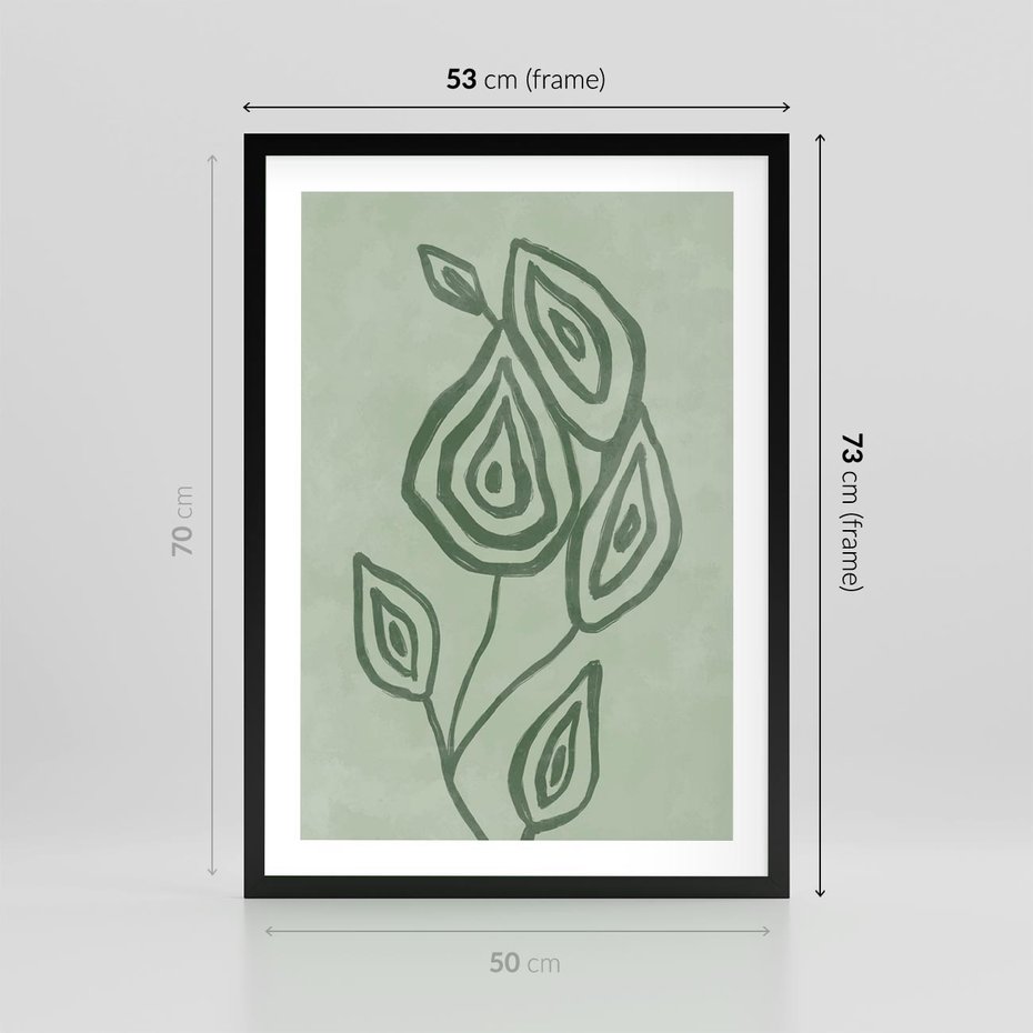 Plakat w ramie 50x70 - Szmaragdowy Oddech - abstrakcyjne delikatne zielone linie, podobne do gałęzi kwiatów - rama czarna