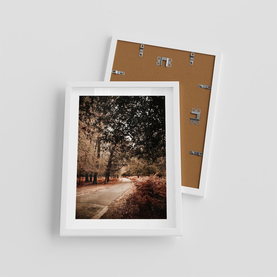 Plakat w ramie 30x40 - Magia Jesieni: Pejzaż Parku w Odcieniach Żółci - jesień, park - rama biała