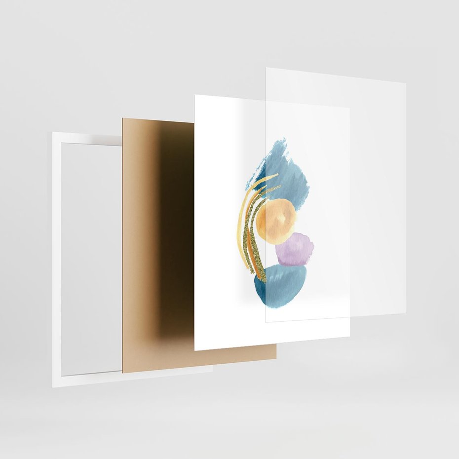 Plakat w ramie 40x50 - Migocące Barwy Akwarel - akwarelowe plamy w odcieniach błękitu, złote kreski - rama biała