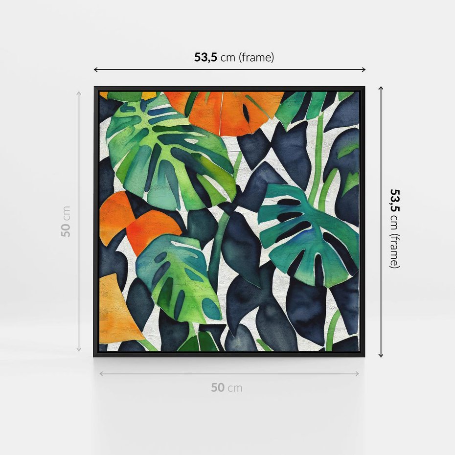 Obraz w ramie 50x50 - Tropikalne Pragnienia - akwarela, liście tropikalne - rama czarna