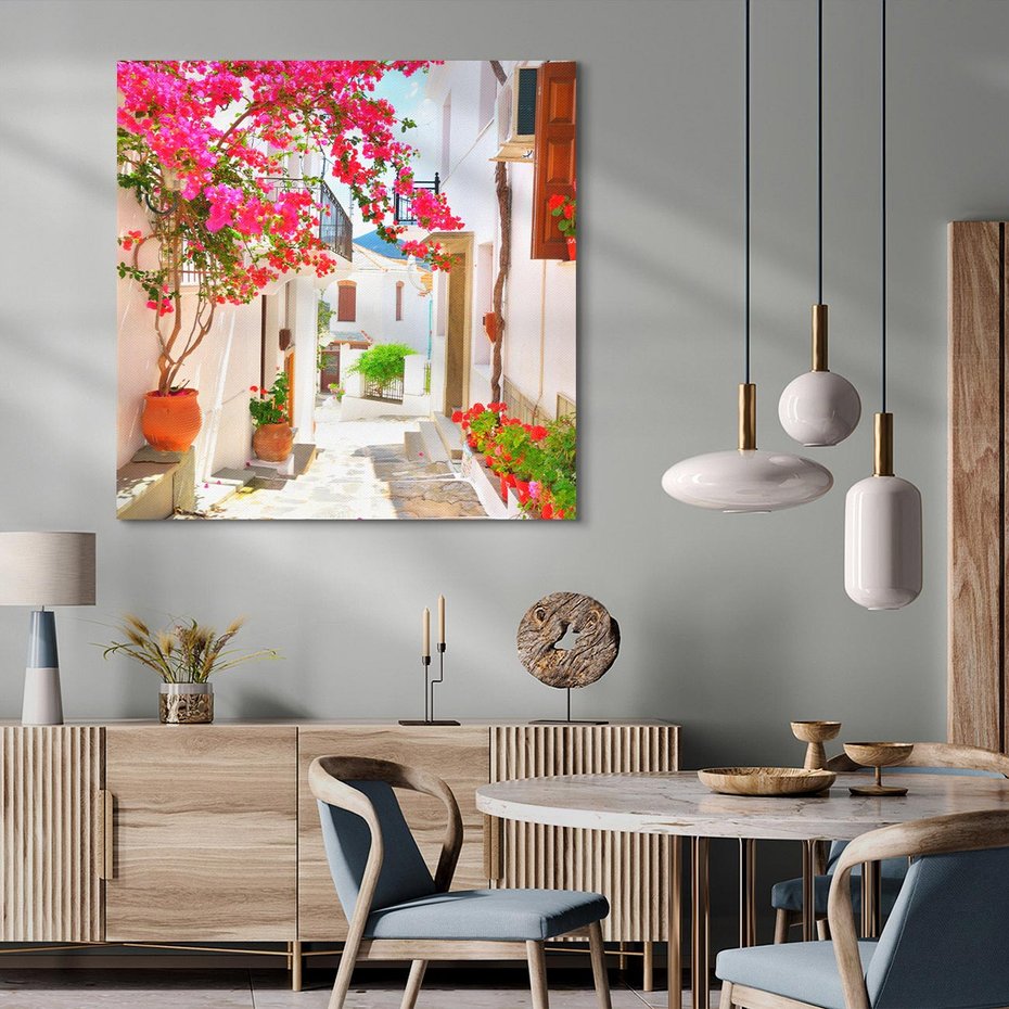 Obraz na płótnie 50x50 - Kwiatowa uliczka wakacji - kwiaty, uliczka