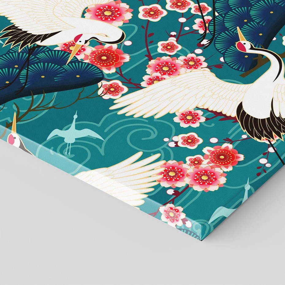 Obraz na płótnie 150x50 - Żurawie Wachlarze - orientalne japońskie żurawie, grafika