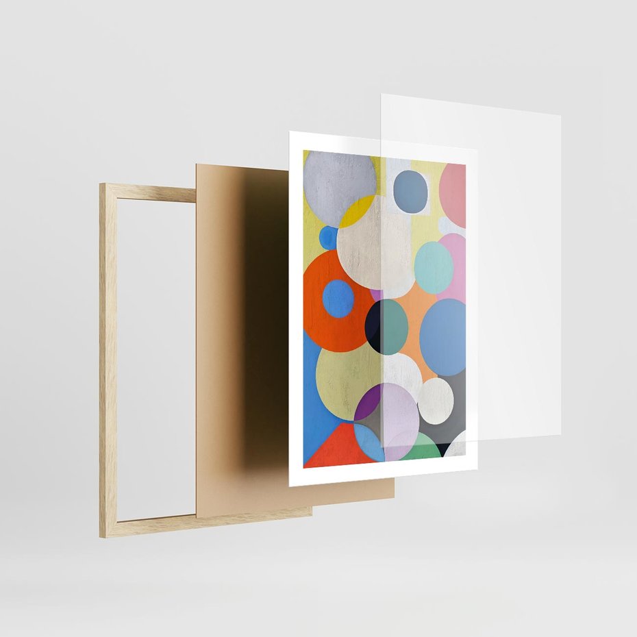 Plakat w ramie 50x70 - Tajemnicze Odbicia Czasu - abstrakcyjne geometryczne kształty, olejny obraz - rama drewno