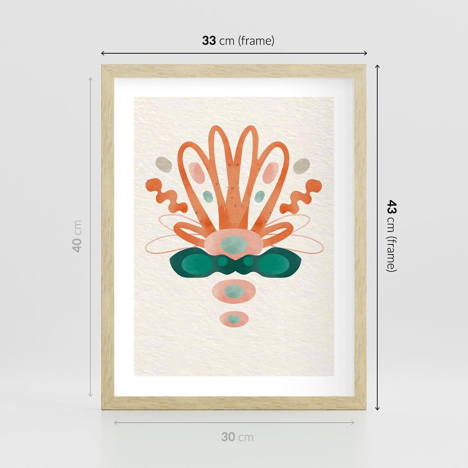 Plakat w ramie 30x40 - Harmonia Nienormalności - akwarelowe abstrakcyjne kształty, zieleń i pomarańcz - rama drewno