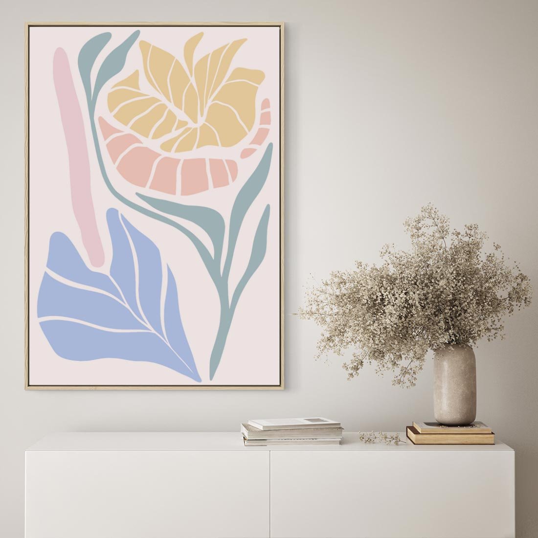 Obraz w ramie 50x70 - Kwiatowe Granice Kształtów - nowoczesny plakat, kwiaty w pastelowych kolorach - rama drewno