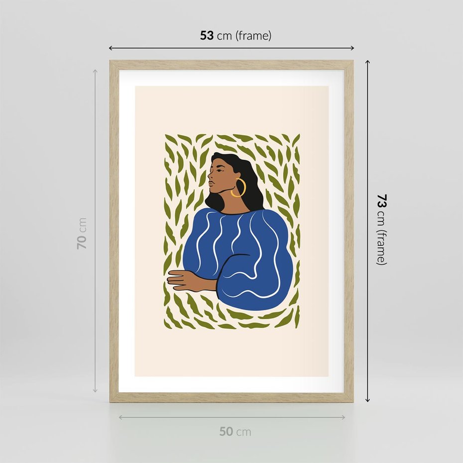 Plakat w ramie 50x70 - Rozbite Barwy - nowoczesny plakat, kobieta otoczona liśćmi - rama drewno