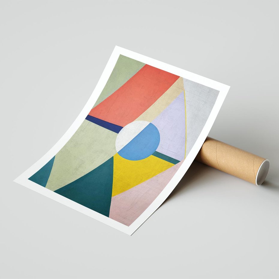 Plakat bez ramy 21x30 - Taniec Subtelnych Odbić - abstrakcyjne geometryczne kształty, olejny obraz