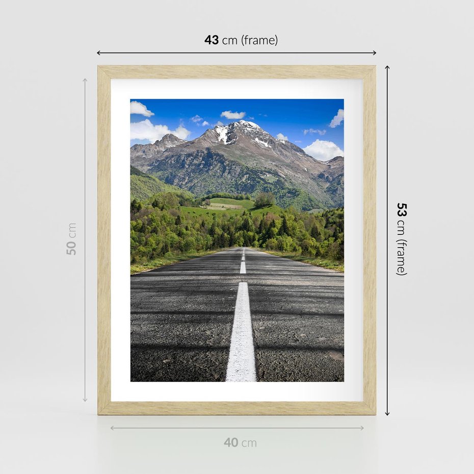 Plakat w ramie 40x50 - Droga przez góry: podróż do przygody - droga, góry - rama drewno