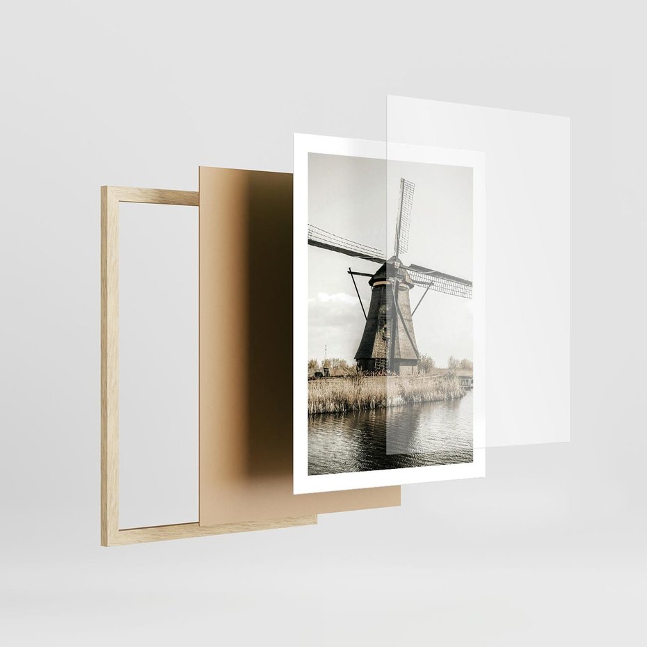Plakat w ramie 50x70 - Holenderski Wiatrak w Sepii - holenderski wiatrak, młyn - rama drewno