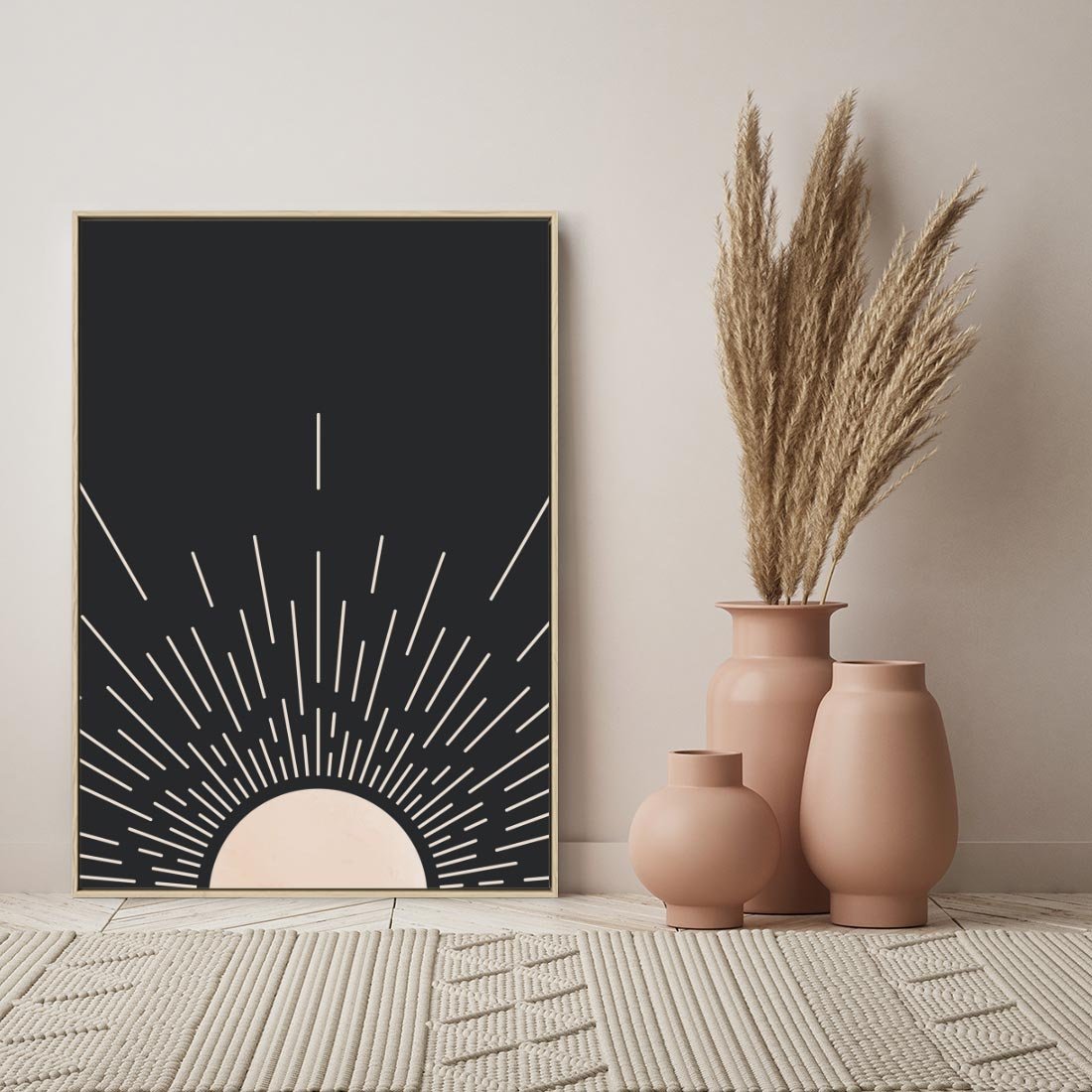 Obraz w ramie 80x120 - Słoneczny Portret Duszy - boho czarne słońce, nowoczesna grafika - rama drewno