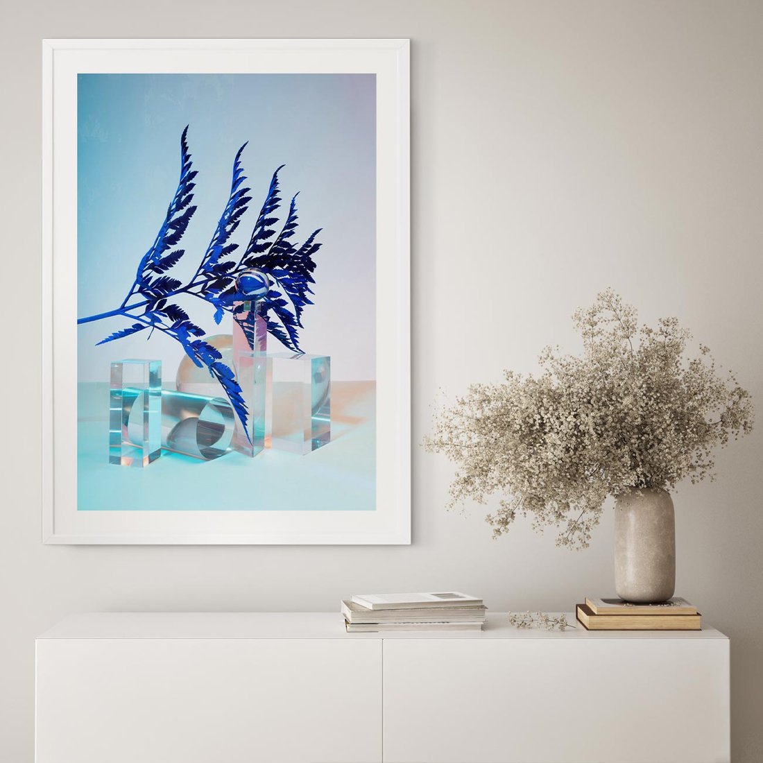 Plakat w ramie 50x70 - Intensywny Kolor Natury - liście, kobalt - rama biała