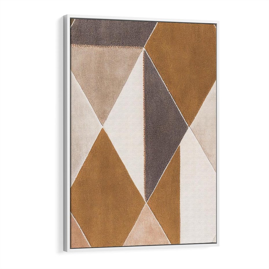 Obraz w ramie 70x100 - Odblaski niespełnionych marzeń - kompozycja z trójkątów, mix kolorów ziemi - rama biała