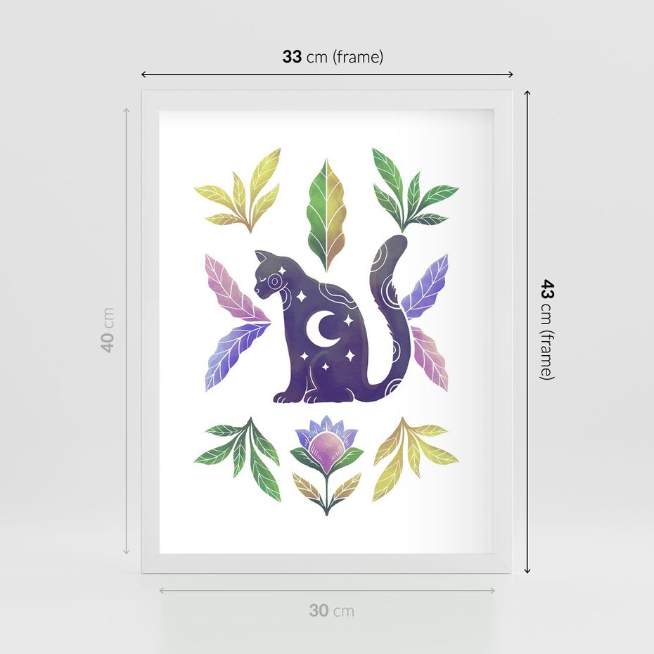 Plakat w ramie 30x40 - Migotliwa Przestrzeń - boho kot, plakat - rama biała