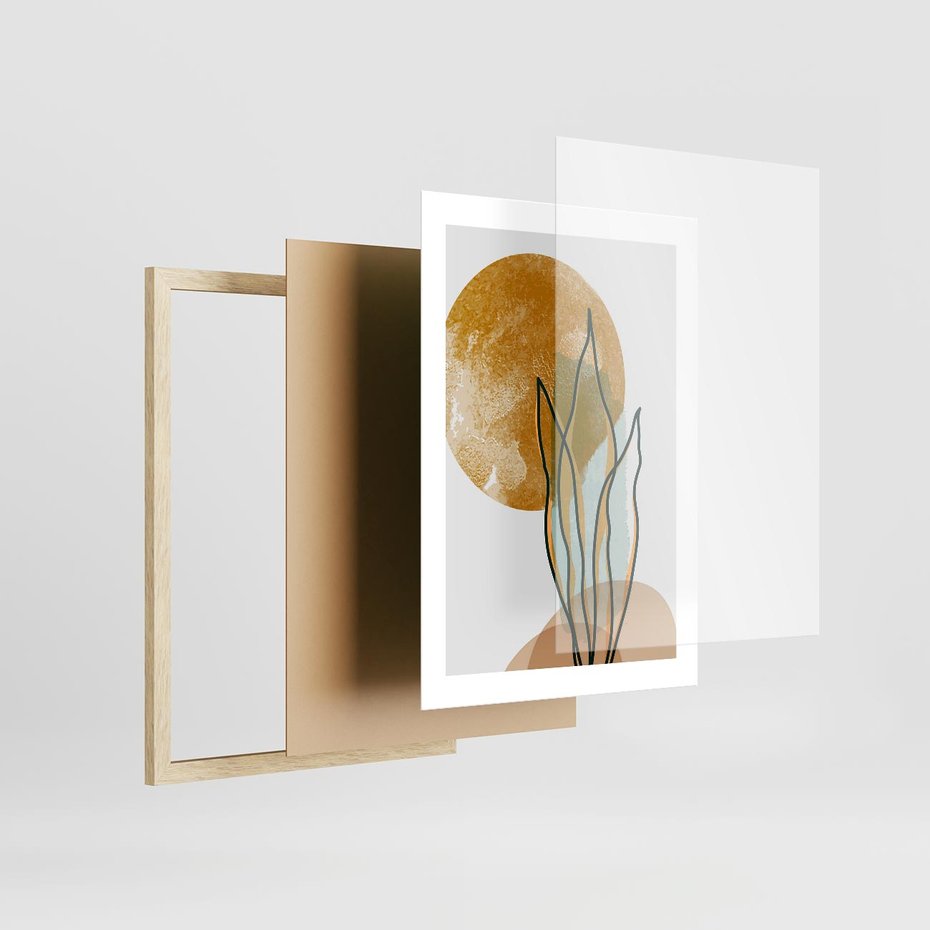 Plakat w ramie 30x40 - Światło Natury: Graficzne Liście i Złote Słońce - grafika, graficzne liście - rama drewno