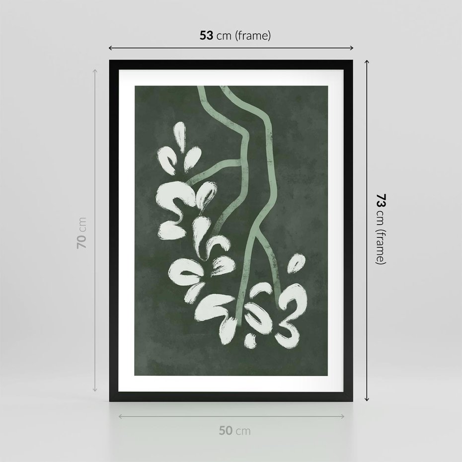Plakat w ramie 50x70 - Rozkwitające Zielone Gałęzie - abstrakcyjne delikatne zielone linie, podobne do gałęzi kwiatów - rama czarna