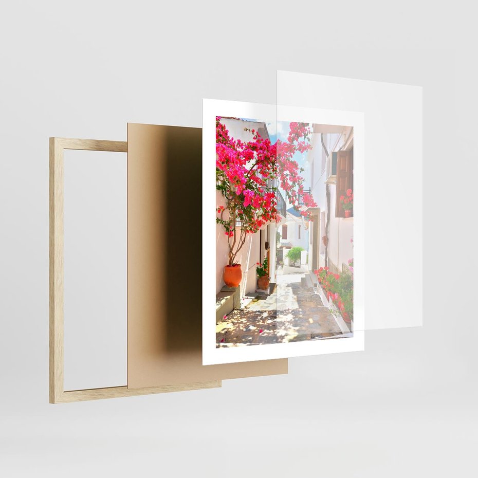 Plakat w ramie 40x50 - Kwiatowa uliczka wakacji - kwiaty, uliczka - rama drewno