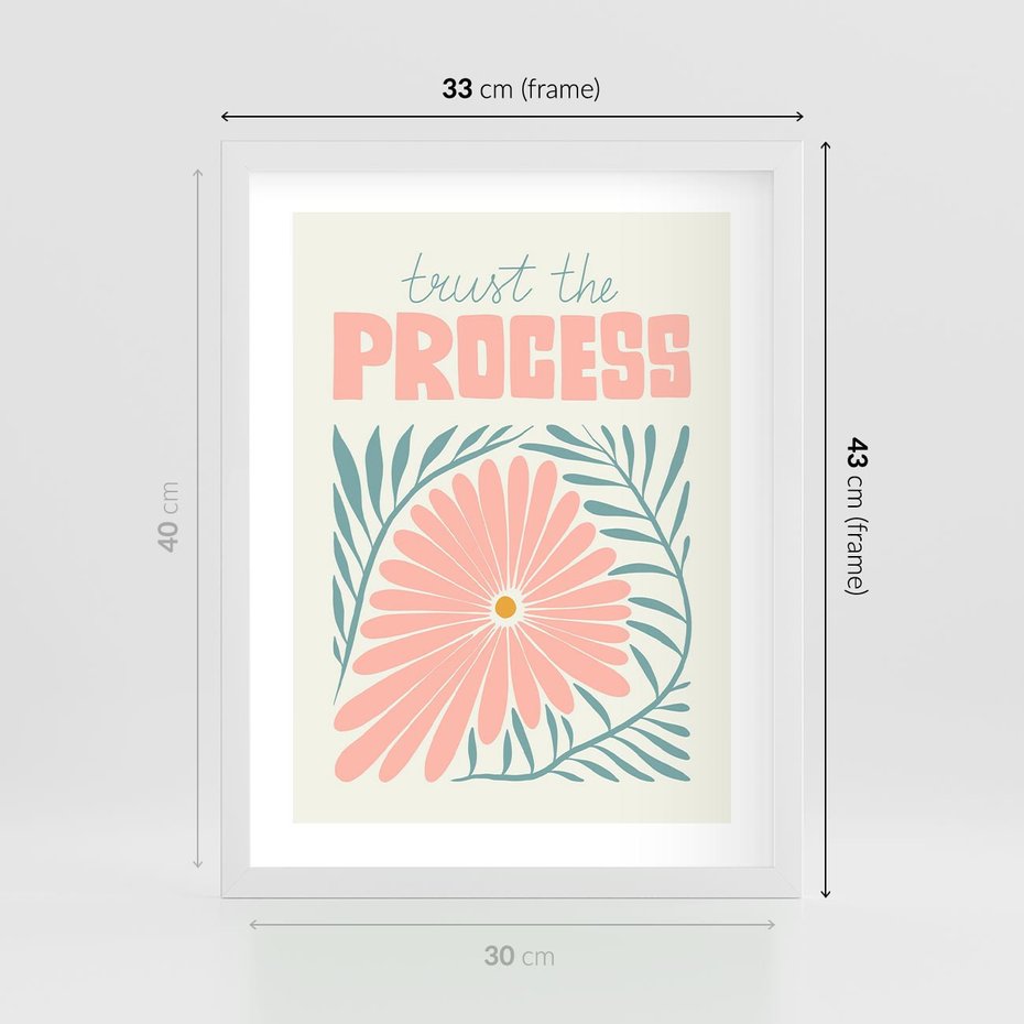 Plakat w ramie 30x40 - Symfonia Światła - typografia, pastelowa stokrotka - rama biała