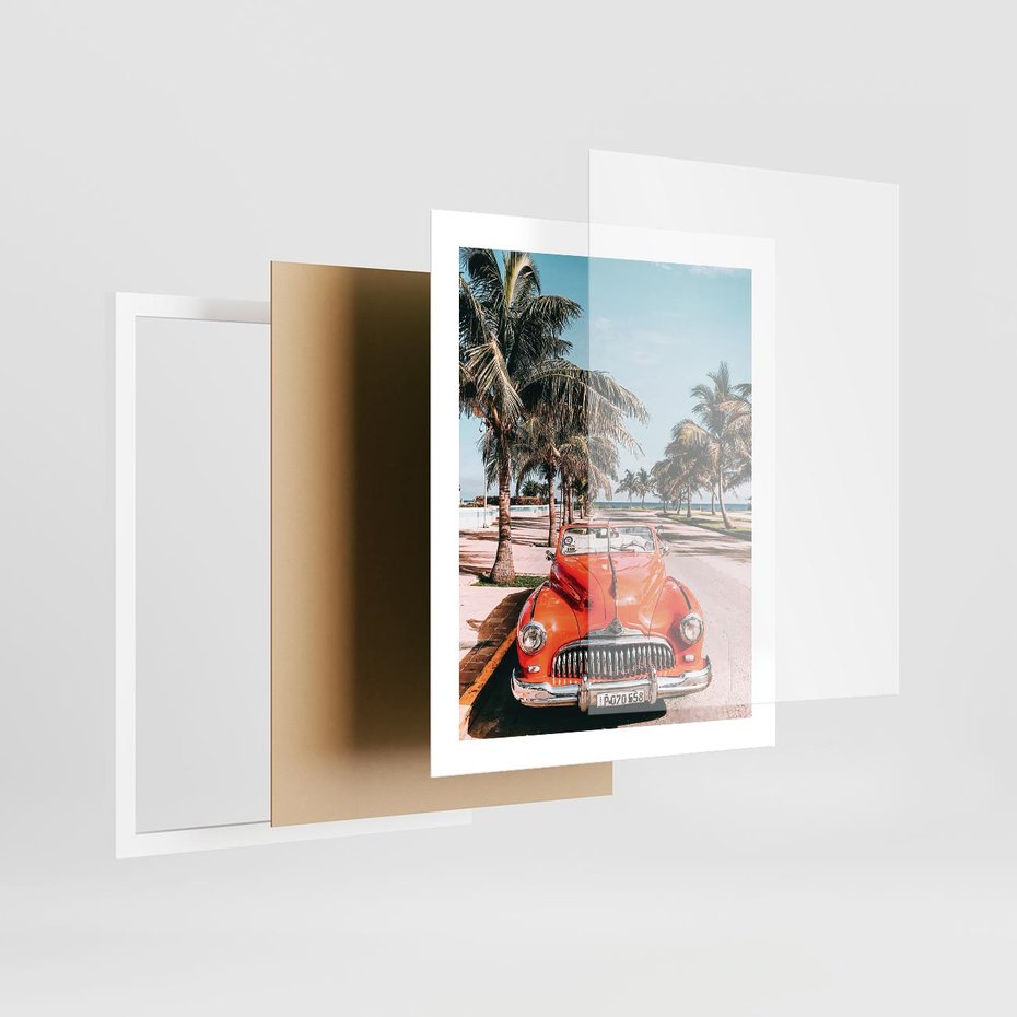 Plakat w ramie 40x50 - Retro Przejażdżka - pomarańczowy retro samochód, kabriolet - rama biała