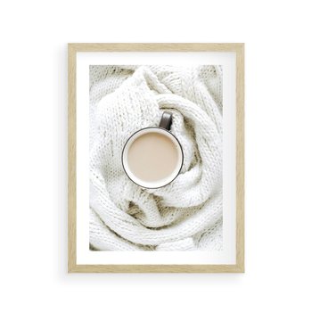 Plakat w ramie 30x40 - Kawa na Wełnianym Kocu - kawa, biały wełniany koc - rama drewno