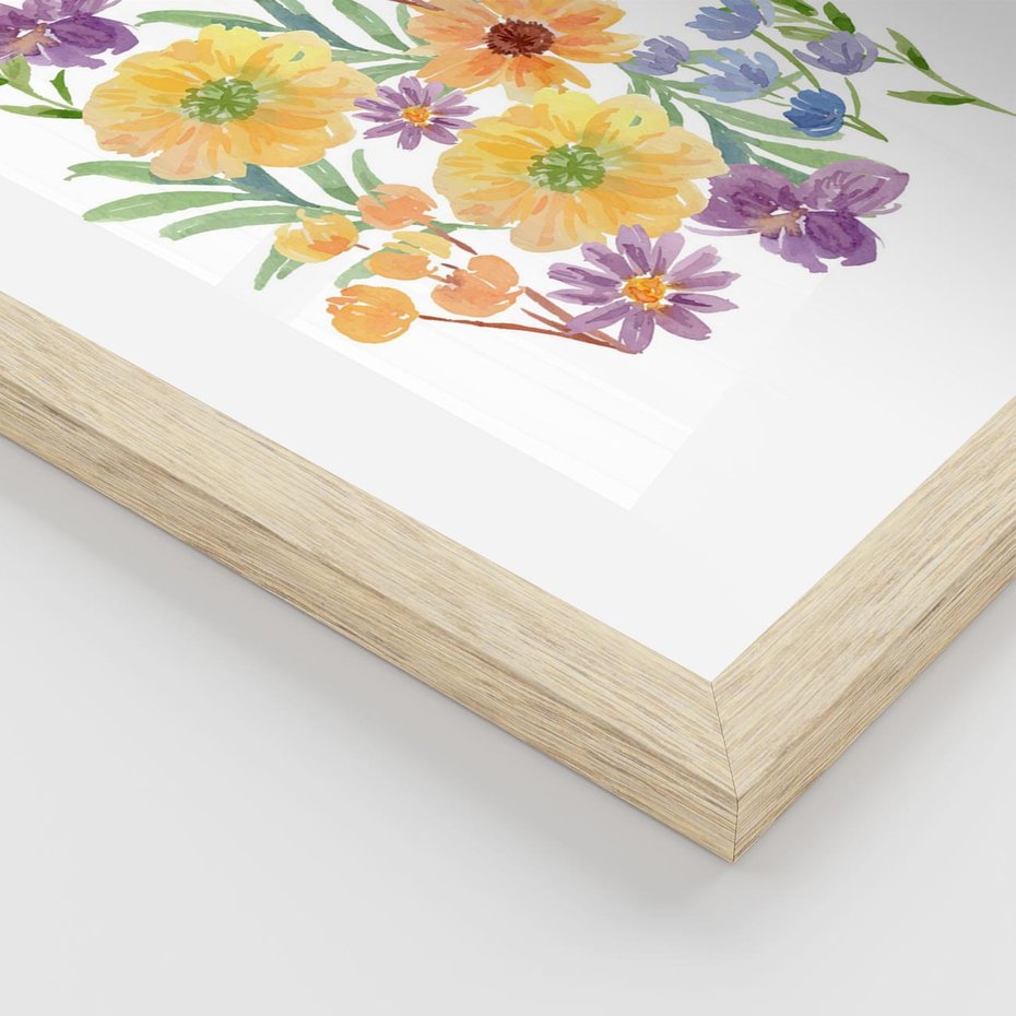 Plakat w ramie 50x70 - Kwiatowe Wibracje - akwarelowe polne kwiaty, minimalistyczny plakat - rama drewno